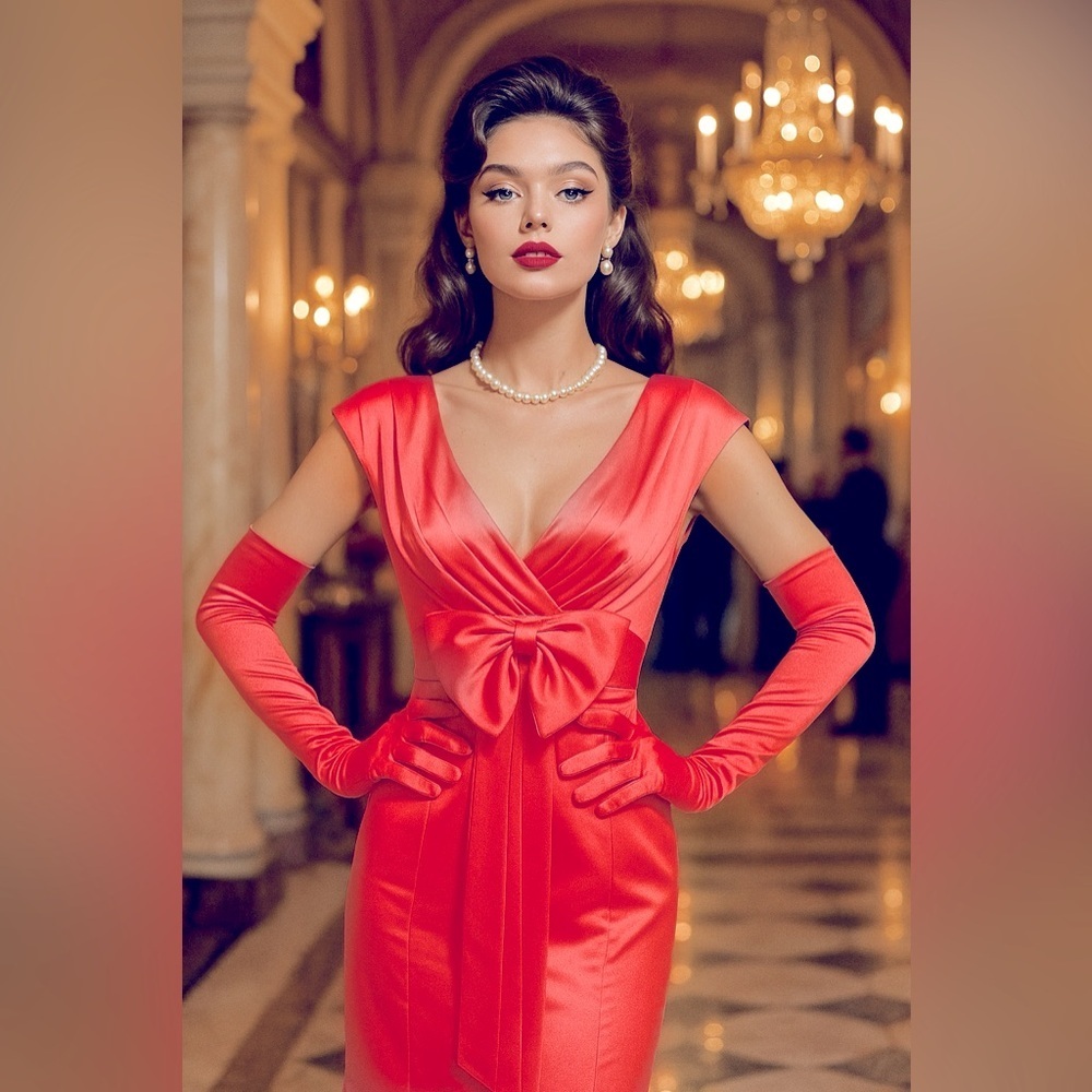 Karen Millen Coral Satin Bow DressOld Money Princesscore Cocktail Party, 4